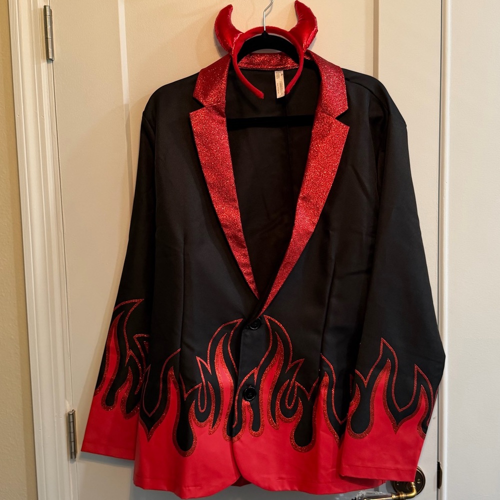 Devil-Inspired Black and Red Flame Blazer with devil horns